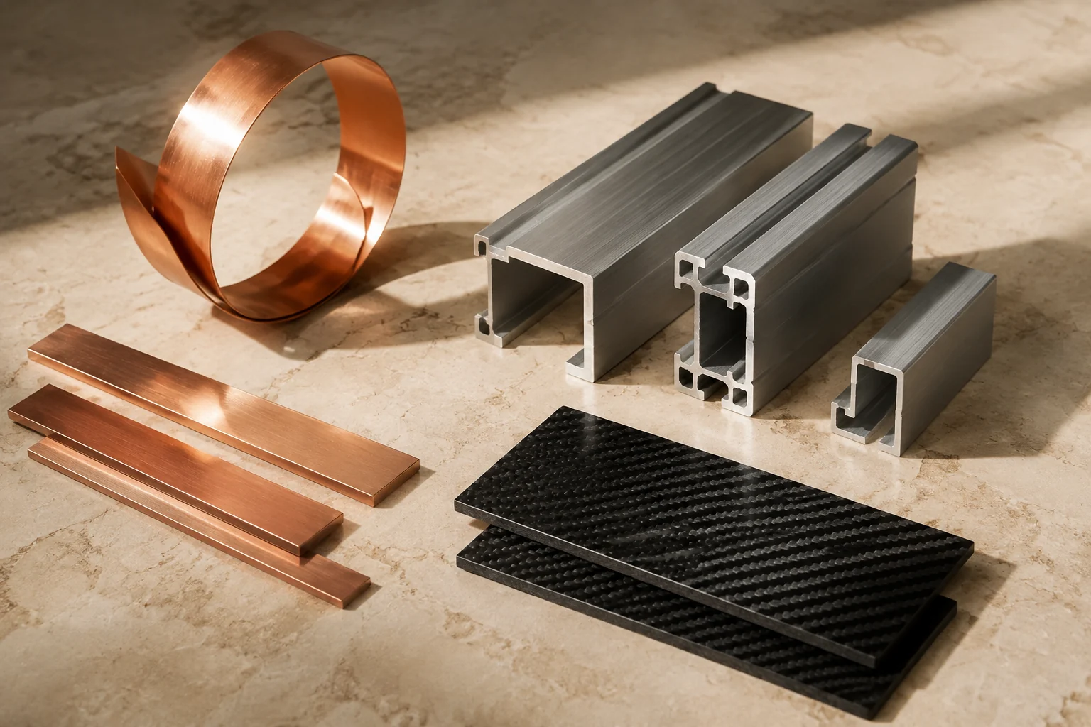 Conceptual still life of copper, aluminium profiles and carbon fibre